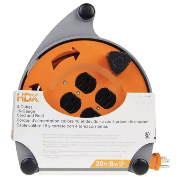 HDX 20 FT. 16/3 Retractable Extension Cord Reel with 4-Outlets FREE  SHIPPING $32.29 - PicClick