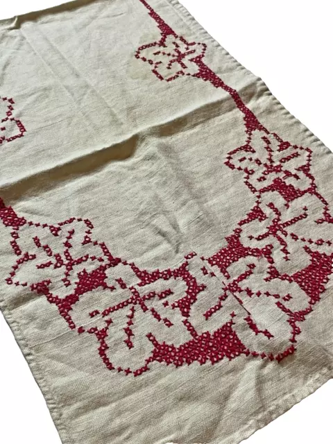 Vintage MCM 40s 50s Hand Embroidery Cross Stitch Table Runner Red Floral Flower