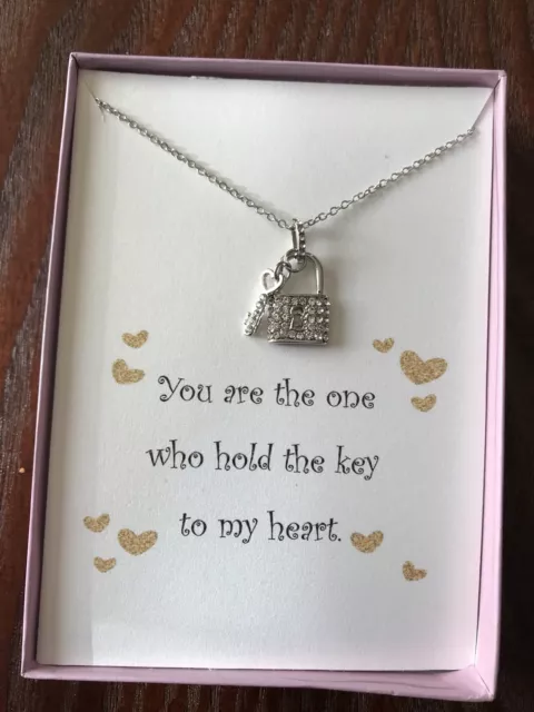 Key To My heart Silver Lock and Key Pendant Necklace w/ love poem