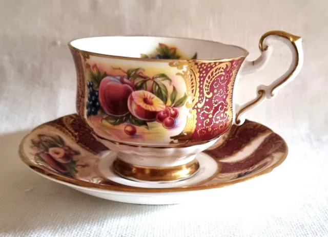 Paragon Tea Cup & Saucer Burgundy & Harvest Fruit Design By Appt To Her Majesty