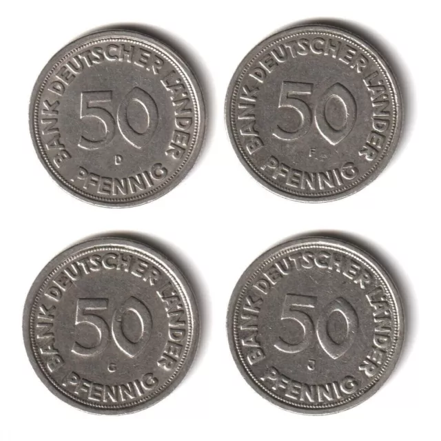 4x 50 Pfennig Umlaufmünzen Bank Deutscher Länder 1949 D, F, G und J