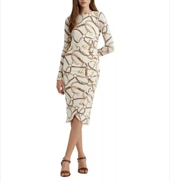 NWT NEW RALPH LAUREN Belting Print Jersey Long Sleeve Dress Women's Size 16 XL