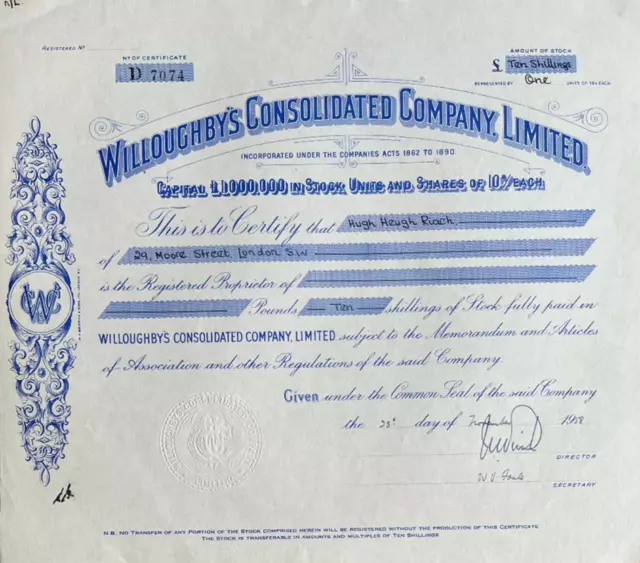 Willoughby's Consolidated Co. Rhodesia Zimbabwe Africa mining stock certificate