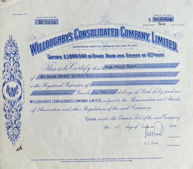 Willoughby's Consolidated Co. Rhodesia Zimbabwe Africa mining stock certificate