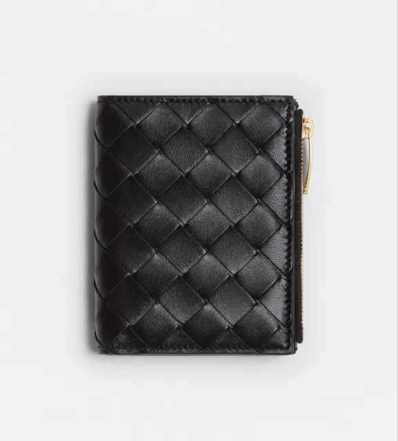 Bottega Veneta Small Intrecciato Bi-Fold Zip Wallet $720 Black Nero