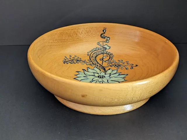 Margaret Studios Hand Painted Maple Wood Salad Trinket Bowl Blue Floral