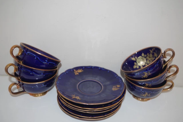 Echt Cobalt BAREUTHER Waldsassen NEW 6 Cups & 6 Saucers Bavaria Germany Floral