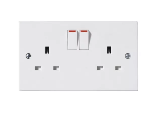 Wall Socket Switched 2 Gang White Twin Double Plug Electrical Square Edge DIY