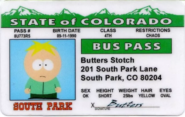 South Park BUTTERS solid BUS PASS NEW  FREE SHIPPING