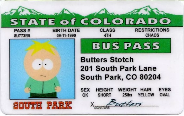 South Park BUTTERS solid BUS PASS NEW FREE SHIPPING South Park BUTTERS solid BUS PASS NEW FREE SHIPPING