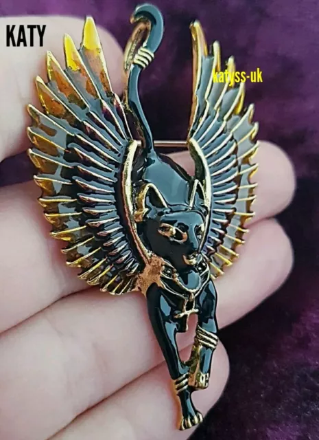 Egyptian Revival Goddess Black Cat Wings Brooch Pendant Vintage Deco Look Gift