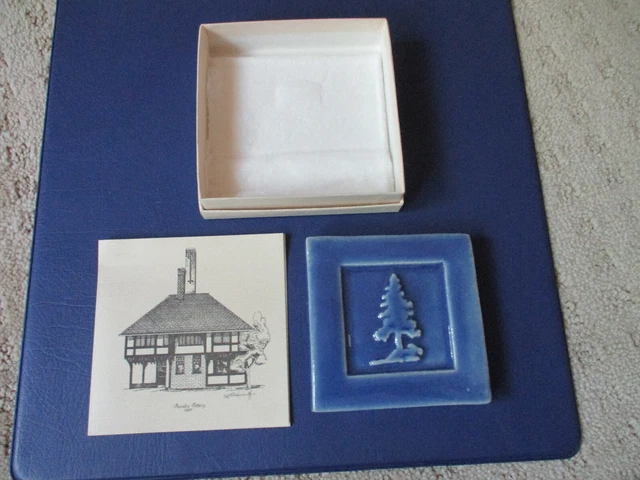 Art Nouveau Tile Pottery by Pewabic Pine Tree Blue 4" x 4" Handmade 1989 NIB *