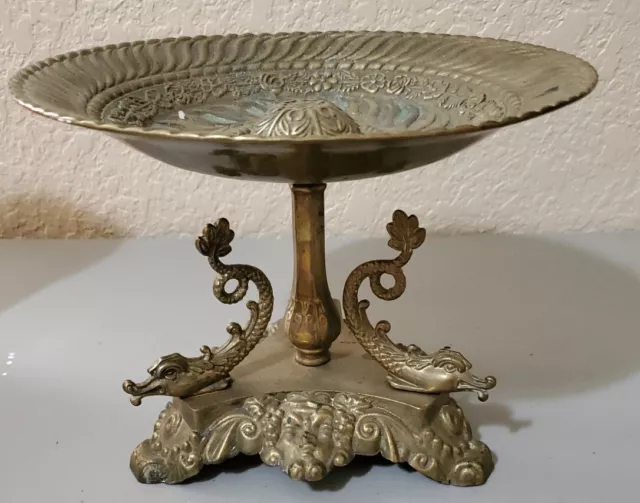 Vintage Art Deco Brass Pedestal Bowl Candy Dish Tray Ornate Sea Serpents Fish