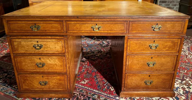 19th Century English Birdseye Maple Partners Desk with Tooled Leather Top 2