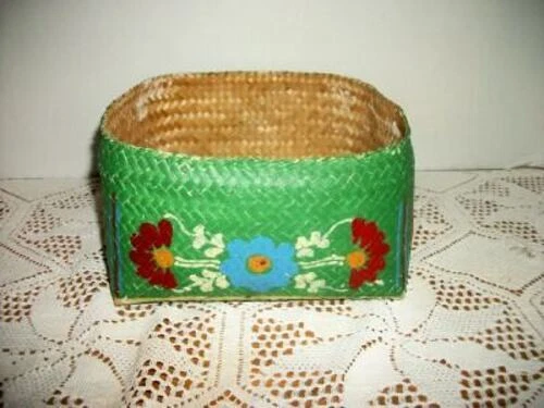 ART DECO JAPANESE BASKET HP FLORAL GREEN ORIGINAL OPEN TOP GILT STRIPE 1920s