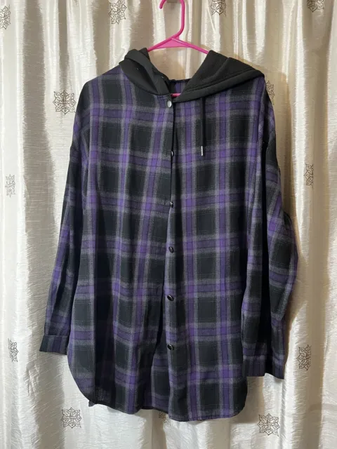 NWOT Woman’s SHEIN Flannel Shirt - Black & purple Hooded w/Buttons size 1X