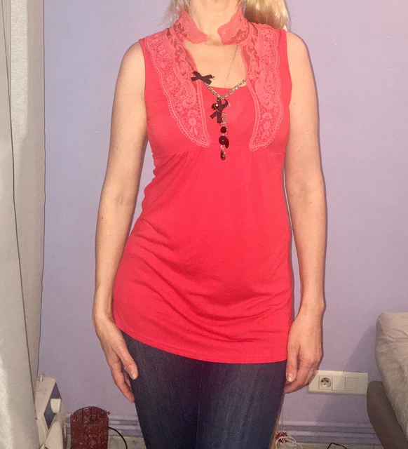 Tunique haut top Axange neuf avec étiquette t 36 38rouge dentelle bijoux