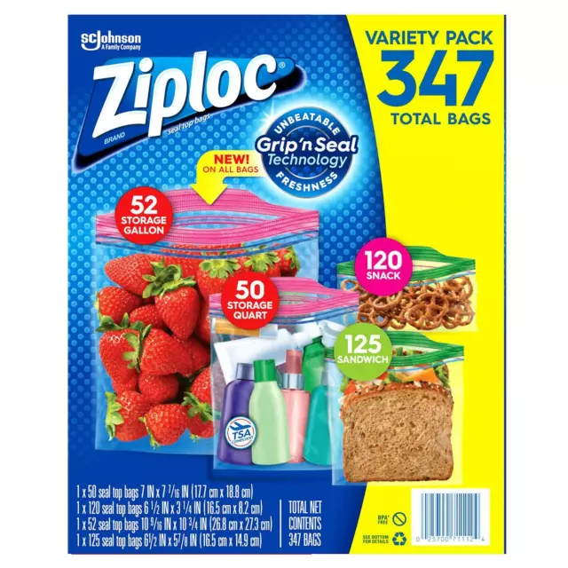 (347 Bags) Ziploc Double Zipper Strong Freezer/Food Family Variety, Gal, Snack