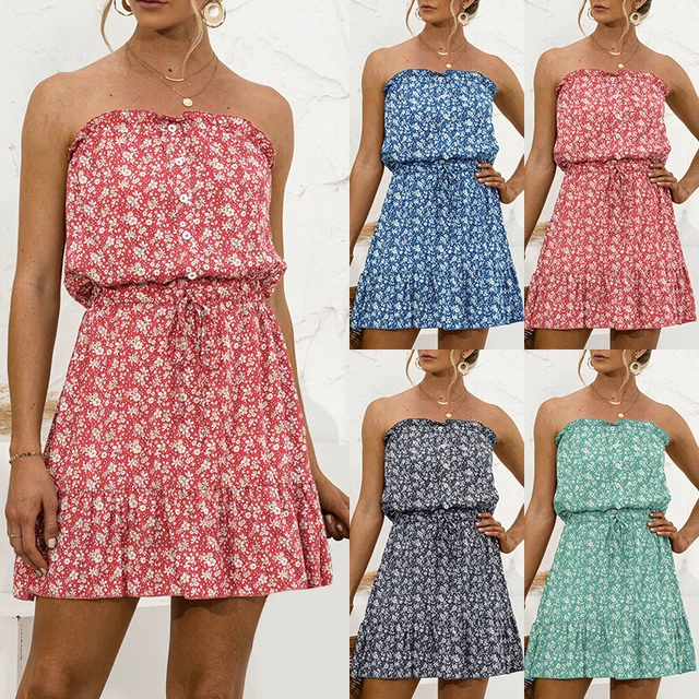 Femmes Floral Boho Mini Robe Plage Vacances Été Évasé Sexy Robe *