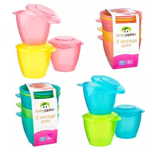 Baby Food Storage Pots With Lids X3 Plastic Toddler Kids Feeding Travel 6 Month+