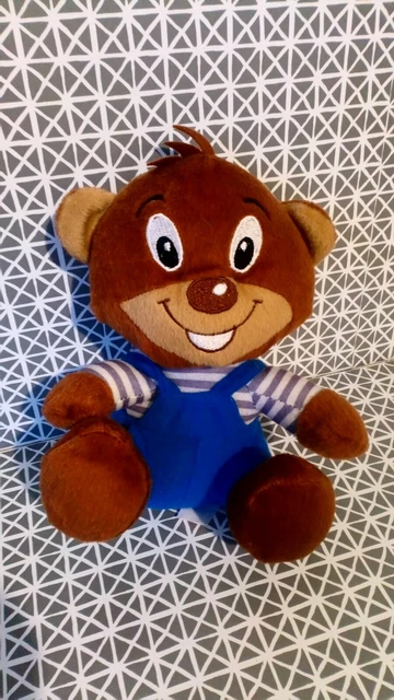 Peluche doudou ours marron beige salopette bleu LU 20 cm assis