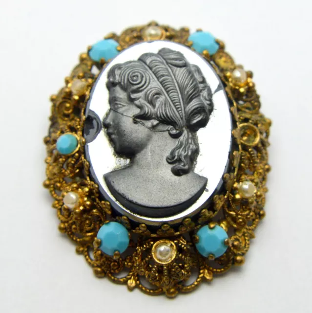 Big ! Georgian Black Hematite Cameo, Turquoise, Seed Pearls Filigree Brooch