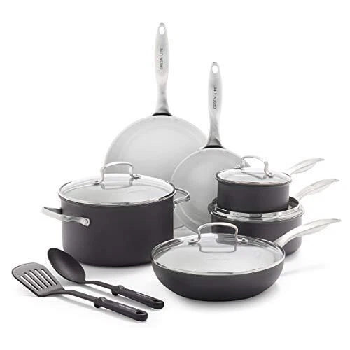 Juego de ollas y sartenes de cerámica clásica Pro saludable, 12 piezas gris claro
