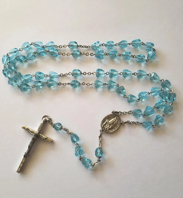 Vtg Rosary Beads Blue Teardrop Crystal Glass Fatima Medal Crucifix