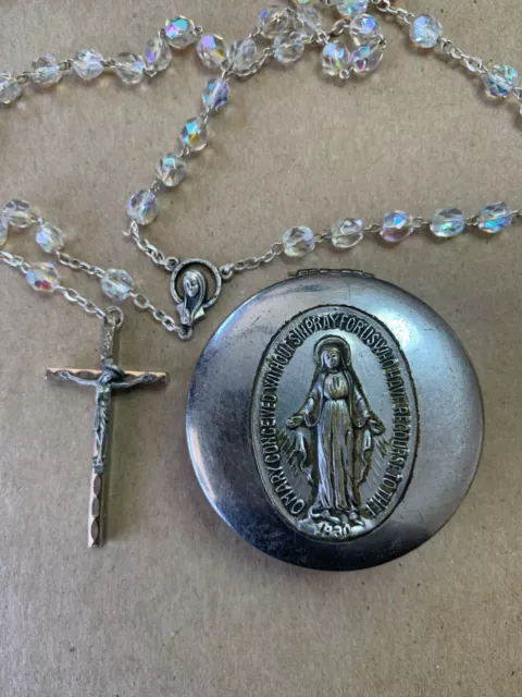 Vintage Crystal Italian Rosary Beads With Embossed Metal Box
