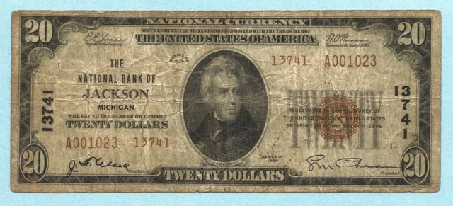 $20 National Currency 1929 T2 - Ch#13741 - National Bank, Jackson, MI - Fine