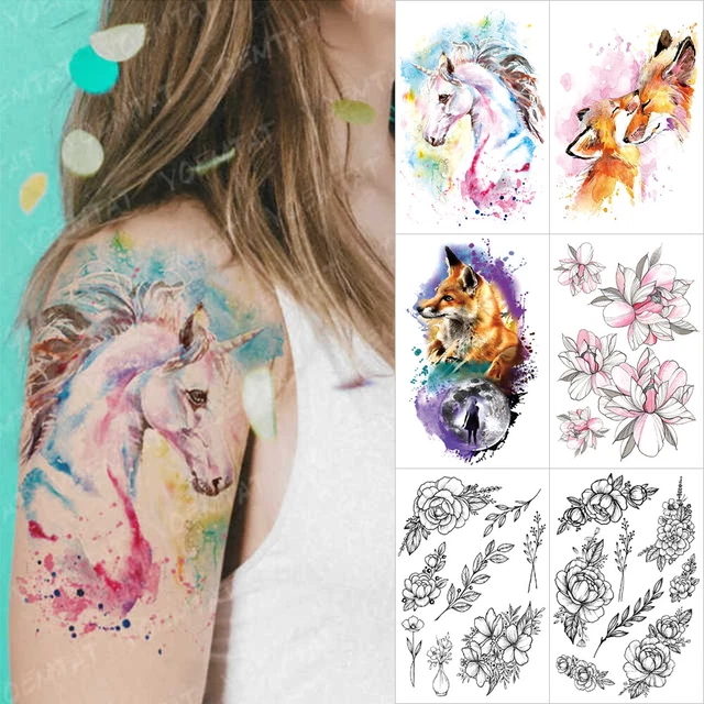 6pcs Watercolor Unicorn Fox Flower Waterproof Temporary Tattoo Sticker Women Men
