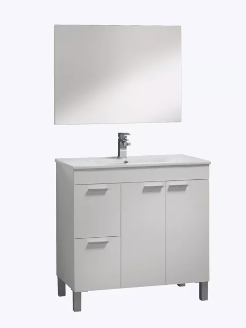 Mueble de baño con espejo y lavamanos ceramico, blanco brillo 80x80x45cm 2