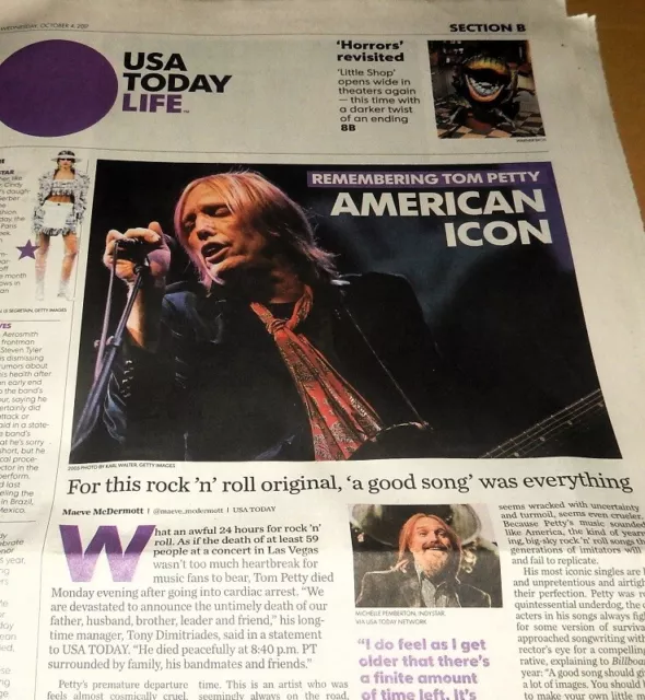 REMEMBERING TOM PETTY october 4, 2017 USA TODAY NEWSPAPER dead death