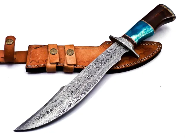 Handcrafted Bowie Knife Damascus Steel - Marindi Wood & Bone Handle With Sheath