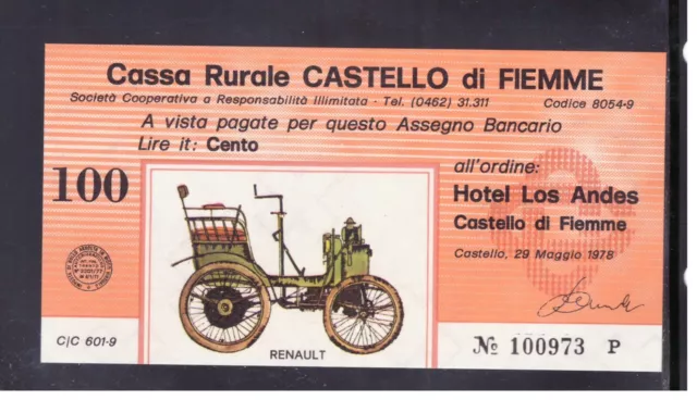 Miniassegno Cassa Rurale Castello Fiemme 100 Lire Automobili 29-5-1978