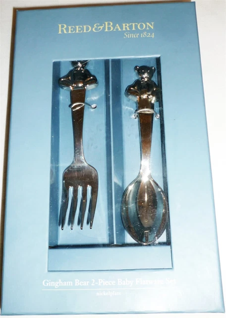 Reed & Barton Gingham Bear 2-Pcs Baby Flatware Set Fork Spoon Nickelplate New