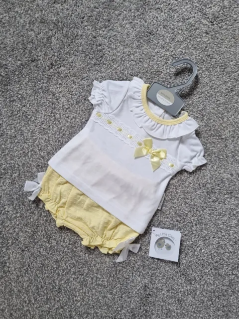 Baby Girls Spanish Top Shorts Outfit White yellow Bows frills ribbons newborn