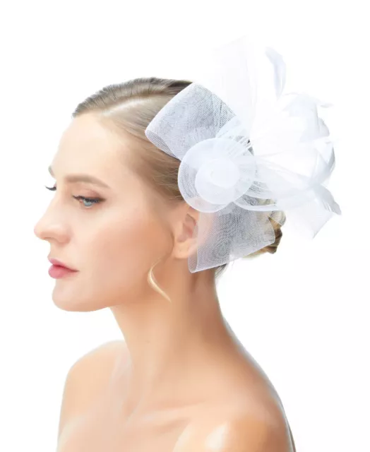 White Feather Wedding Fascinator Woman Headpiece Formal Tea Event Party Clip On