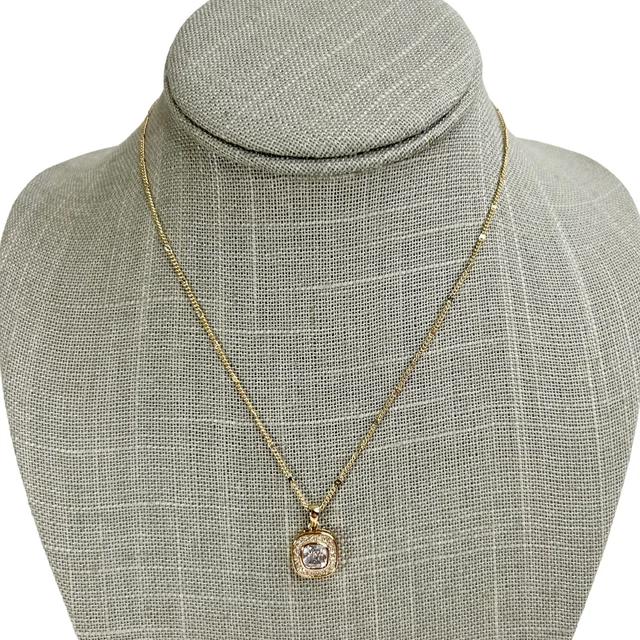 Charming Charlie Square Clear Rhinestone Pendant Gold Tone Chain Necklace Dainty