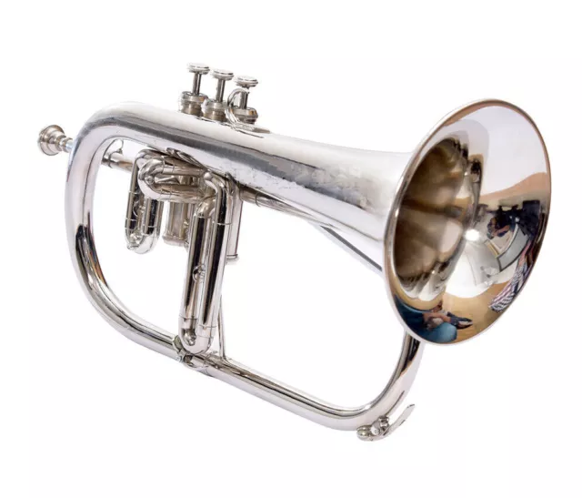 NEW NICKLE 3 VALVE Bb/F FLUGEL HORN FREE HARD CASE+MOUTHPIECE 2