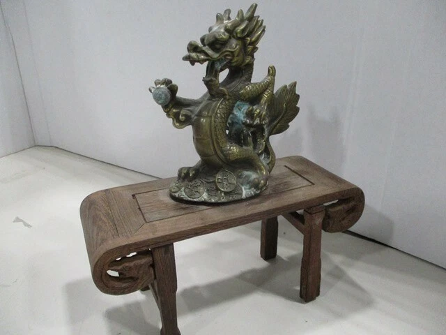 Antique Chinese Bronze Feng shui  Dragon Wealth Coin Statue on wooden table LUCK