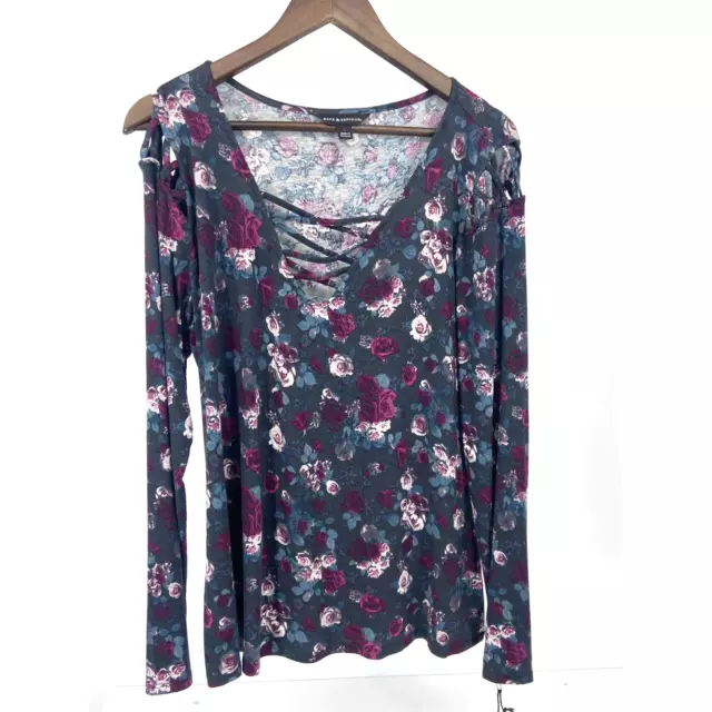 Rock & Republic Floral LS Cold Shoulder Jersey Shirt Women's Size L NWT