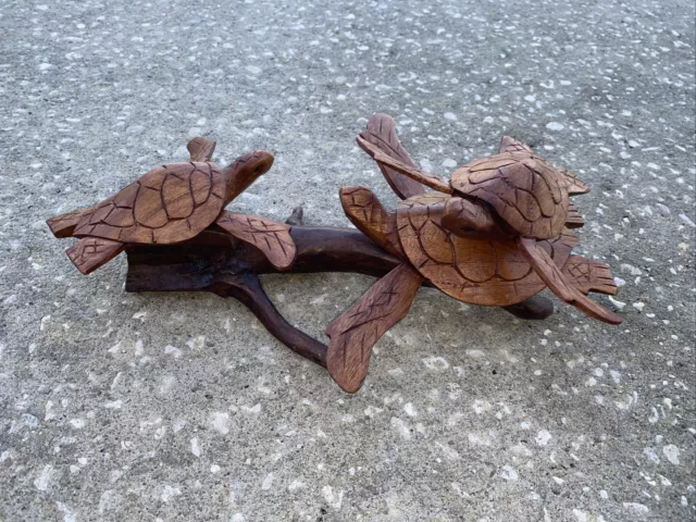 Sea Turtle On Driftwood Root Base Hand Carved Wood Nautical