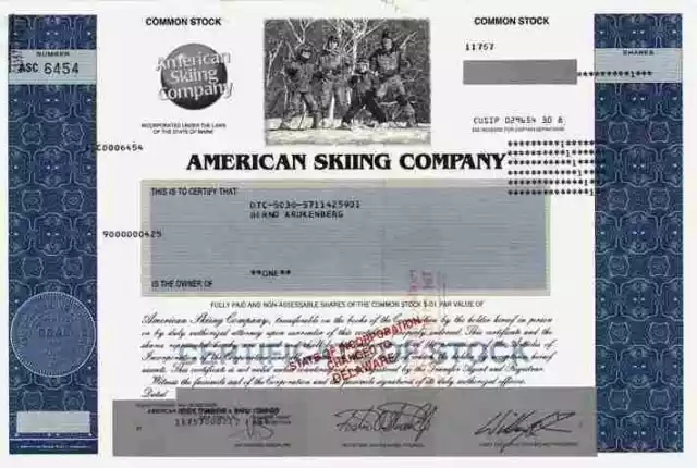 American Skiing Company 2003 Maine Rocky Mountains Delaware Skifahreraktie 1 Sha