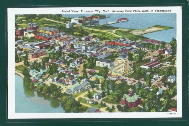Aerial View Traverse City Michigan , Park Place Hotel , Vintage Linen Postcard