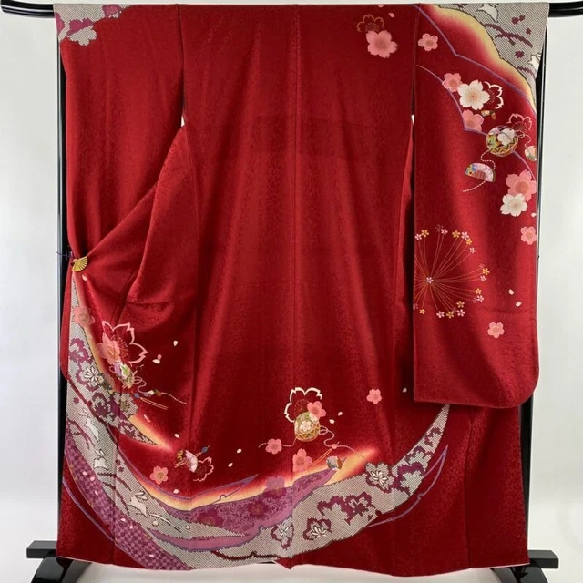 Woman Japanese Kimono Furisode Silk Temari Cherry Blossom Gold Foil Red