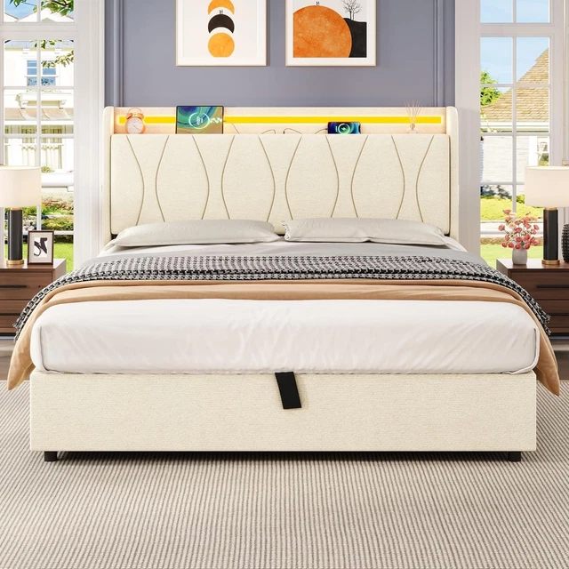 4ft6 Double Ottoman Bed With Storage, Hydraulic Lift Upholstered Bed Frame With LED Lighting & USB & Type C Charging, Linen Functional Beds With LED - View #11