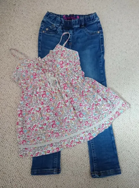 Next Girls Age 5 Years Skinny Blue Denim Jeans & Ditsy Floral Summer Top Outfit