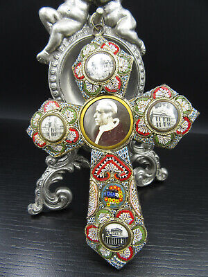 T643 ⭐⭐Vintage " Pope Pius X II " Pilgrims Cross Mosaic Brass Height " 5 5/16in