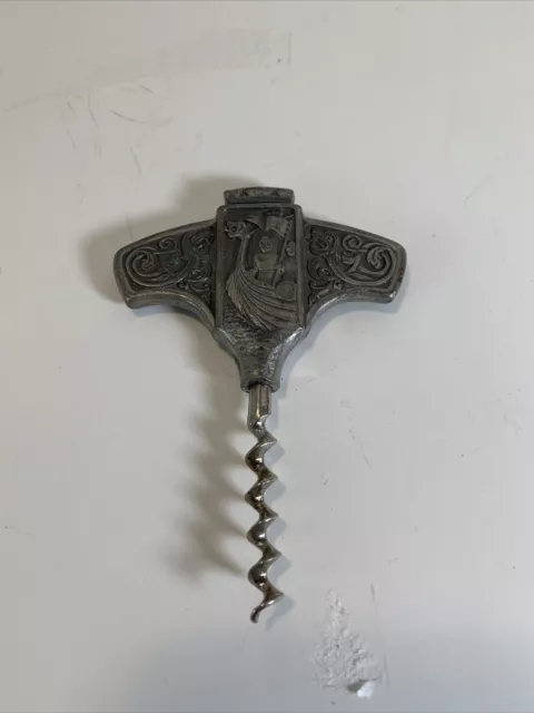 Vintage Konge Tinn Norwegian Pewter Corkscrew Viking Ship Theme Norway